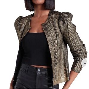 Express Women's Metallic Cable-Knit Puff Shoulder Cardigan Sweater Black Gold L.